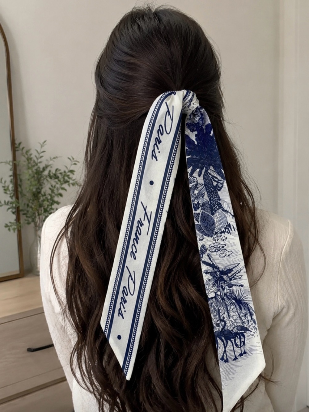 Silk Ribbon Hair Tie - Navy & White